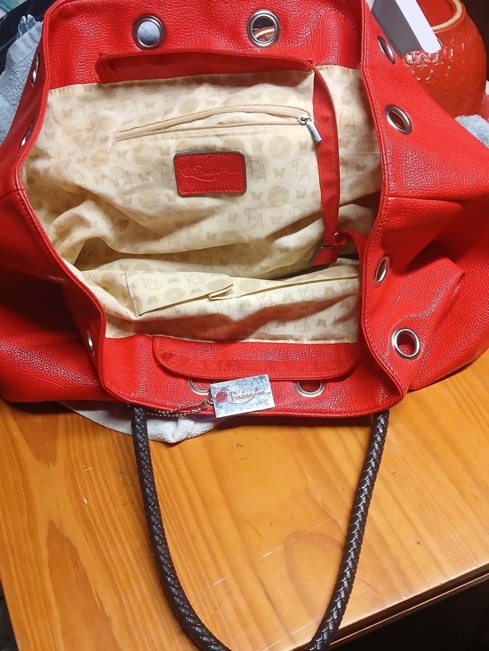 Penelope Ann Red Women's Tote Bag with Braided Handles Missing The Ribbon